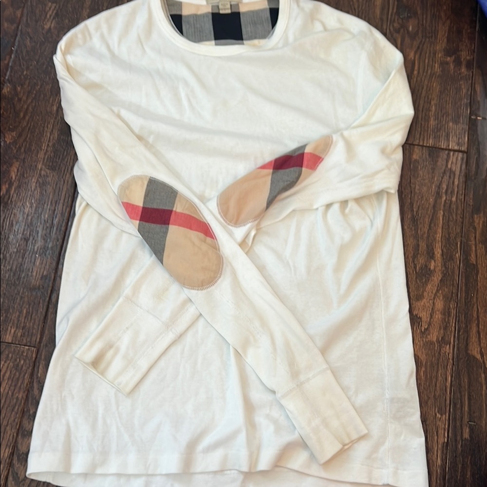 White Long Sleeve Shirt with Plaid Elbow Patches Burberry Brit Authentic sz S
